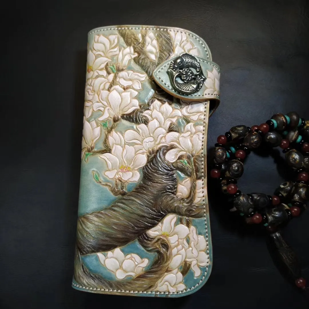 Blue Leather Womens Cherry Blossom Tree Biker Wallet Handmade Tooled Long Wallets For Men