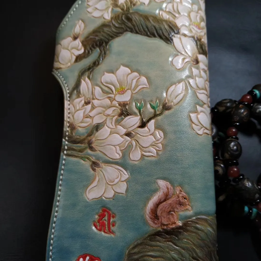 Blue Leather Womens Cherry Blossom Tree Biker Wallet Handmade Tooled Long Wallets For Men