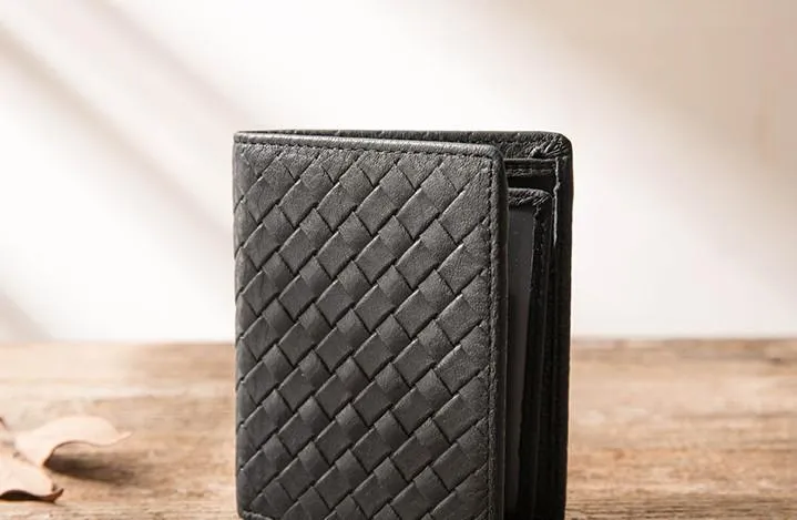 Braided Leather Mens Small Wallets Bifold billfold Slim Front Pocket Wallet for Men