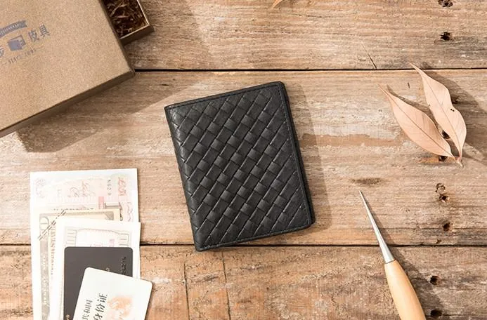 Braided Leather Mens Small Wallets Bifold billfold Slim Front Pocket Wallet for Men