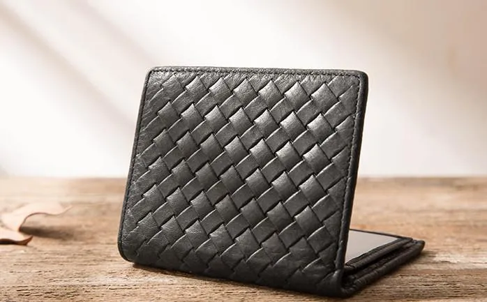 Braided Leather Mens Small Wallets Bifold billfold Slim Front Pocket Wallet for Men
