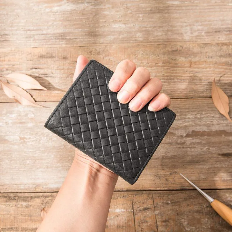 Braided Leather Mens Small Wallets Bifold billfold Slim Front Pocket Wallet for Men