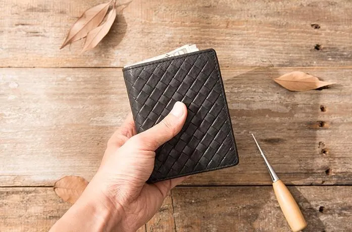 Braided Leather Mens Small Wallets Bifold billfold Slim Front Pocket Wallet for Men
