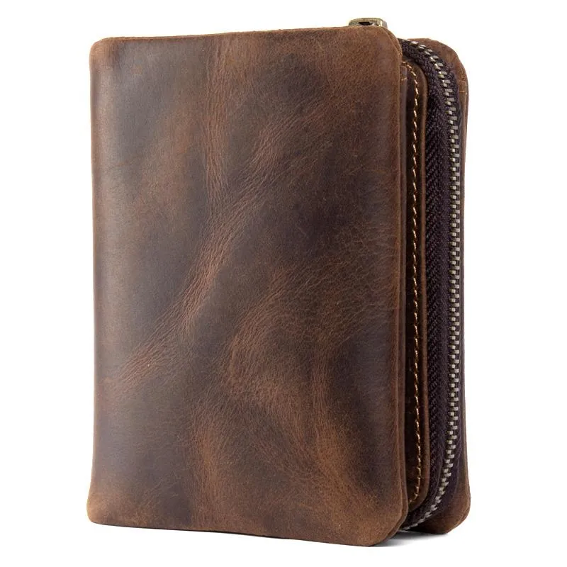 Brown Cool Leather Mens Trifold Small Wallet billfold Wallet Bifold Pocket Small Wallet for Men