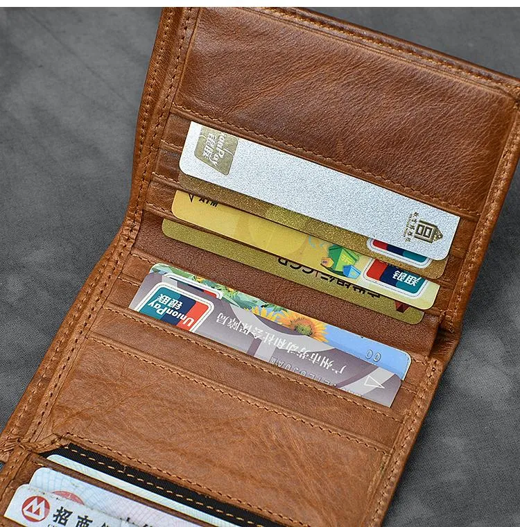 Brown Waxed Leather Mens Small Wallet billfold Trifold Card Wallet For Men