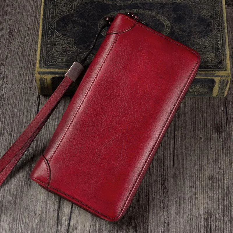 Brown Womens Vintage Leather Green Long Wallet Zipper Blue Clutch Long Wristlet Wallet for Ladies