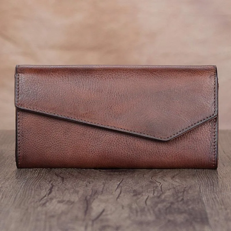 Brown Womens Vintage Leather Long Wallet Red Bifold CLutch Long Purse for Ladies