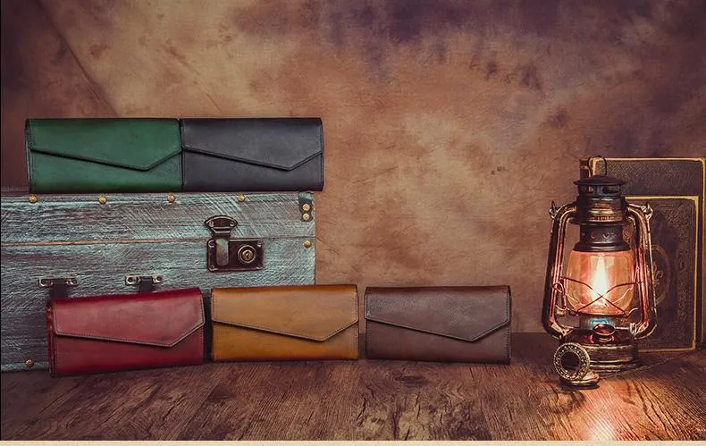 Brown Womens Vintage Leather Long Wallet Red Bifold CLutch Long Purse for Ladies