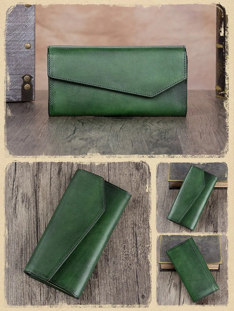 Brown Womens Vintage Leather Long Wallet Red Bifold CLutch Long Purse for Ladies