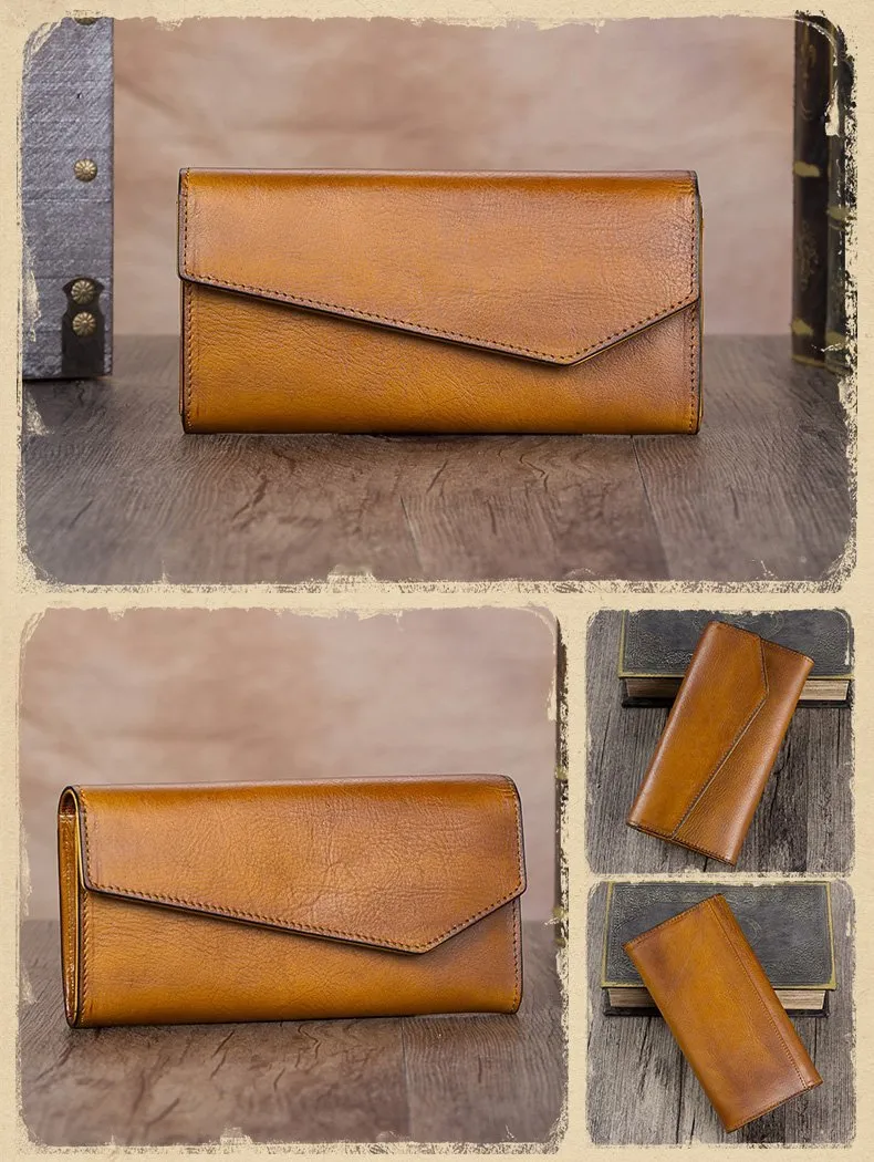 Brown Womens Vintage Leather Long Wallet Red Bifold CLutch Long Purse for Ladies