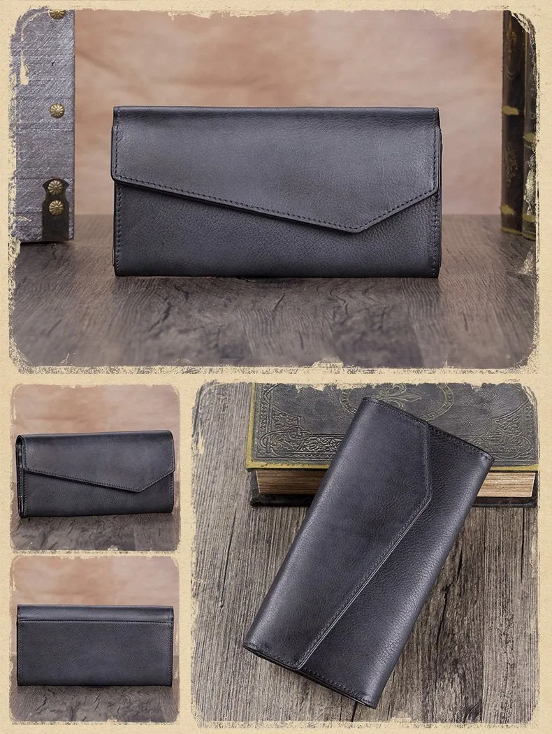 Brown Womens Vintage Leather Long Wallet Red Bifold CLutch Long Purse for Ladies