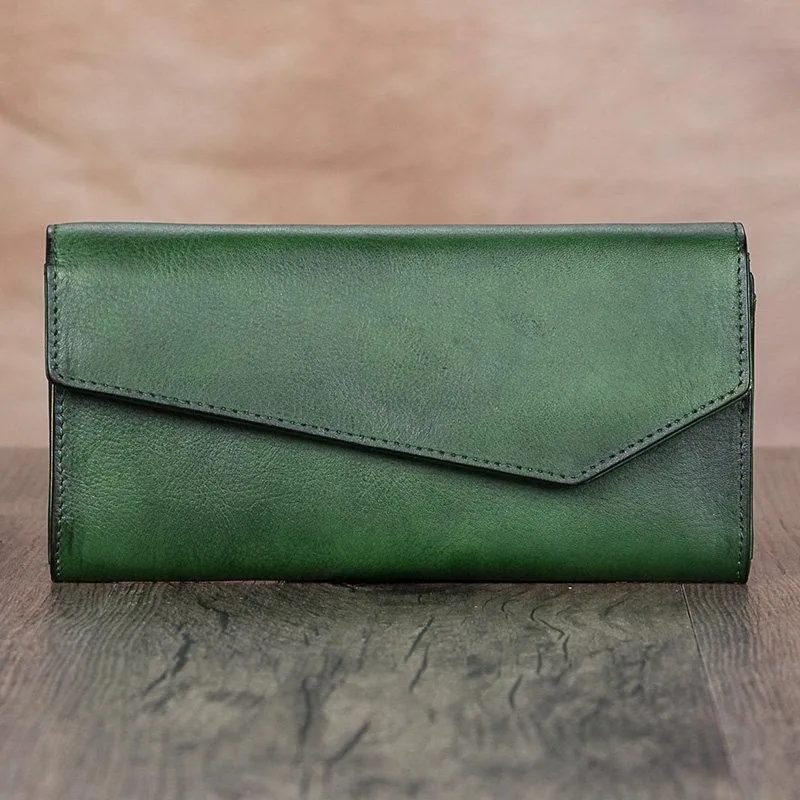 Brown Womens Vintage Leather Long Wallet Red Bifold CLutch Long Purse for Ladies