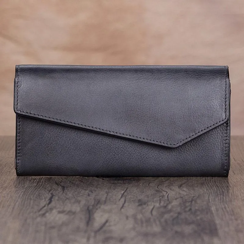 Brown Womens Vintage Leather Long Wallet Red Bifold CLutch Long Purse for Ladies