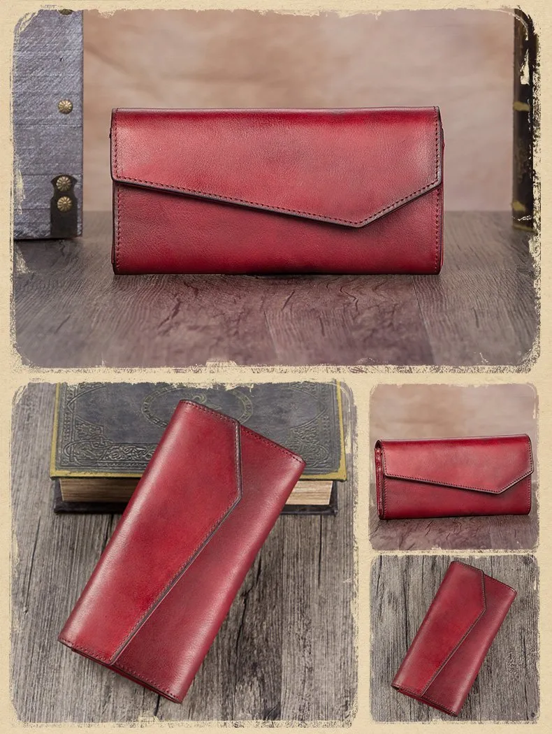 Brown Womens Vintage Leather Long Wallet Red Bifold CLutch Long Purse for Ladies