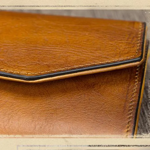 Brown Womens Vintage Leather Long Wallet Red Bifold CLutch Long Purse for Ladies