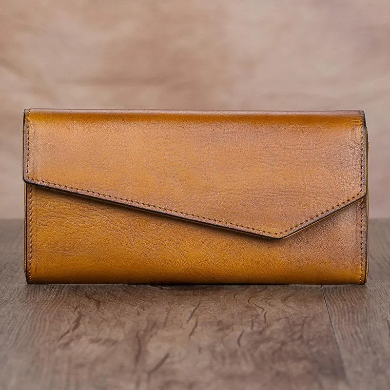 Brown Womens Vintage Leather Long Wallet Red Bifold CLutch Long Purse for Ladies