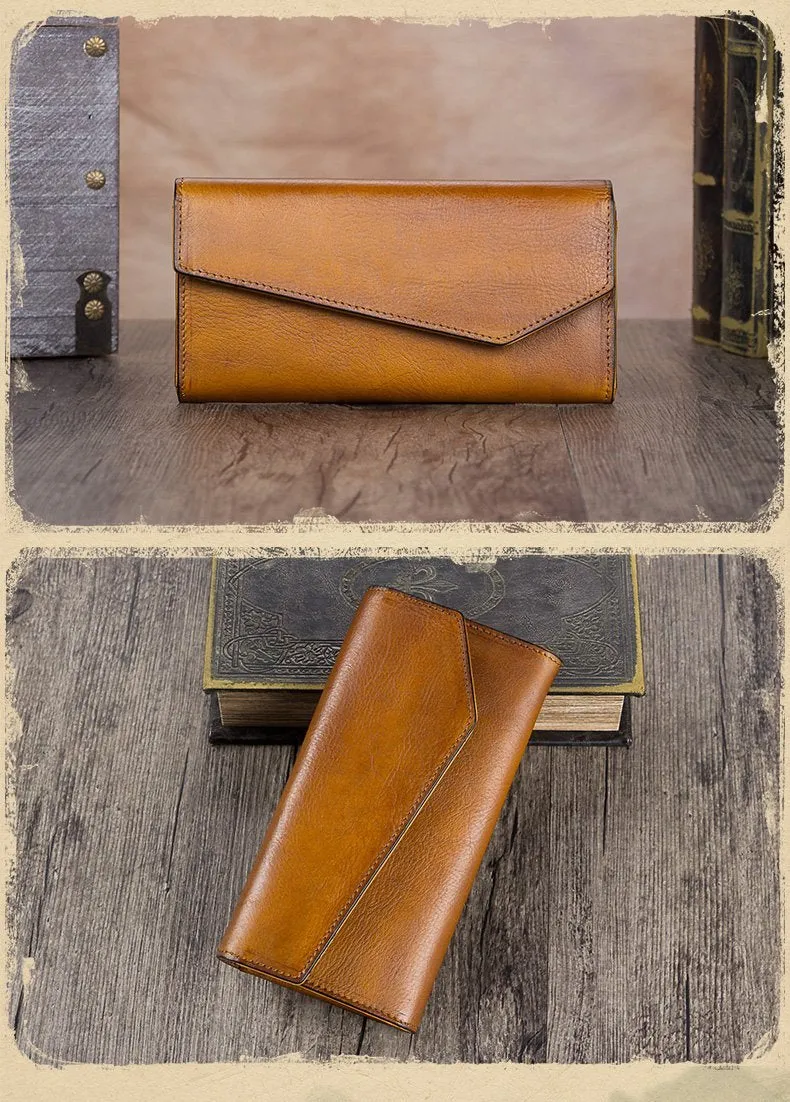 Brown Womens Vintage Leather Long Wallet Red Bifold CLutch Long Purse for Ladies
