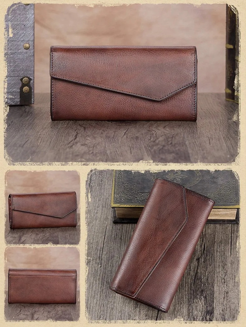 Brown Womens Vintage Leather Long Wallet Red Bifold CLutch Long Purse for Ladies