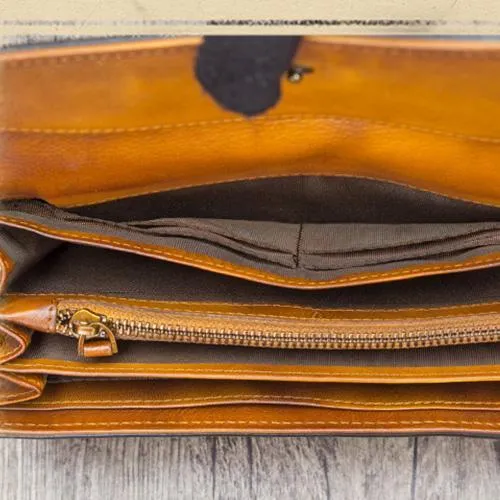 Brown Womens Vintage Leather Long Wallet Red Bifold CLutch Long Purse for Ladies