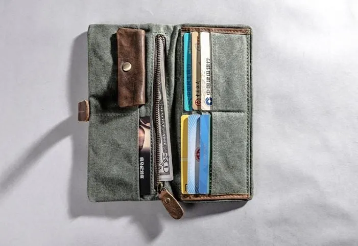 Canvas Leather Long Wallets for men Bifold Vintage Men Long Wallet