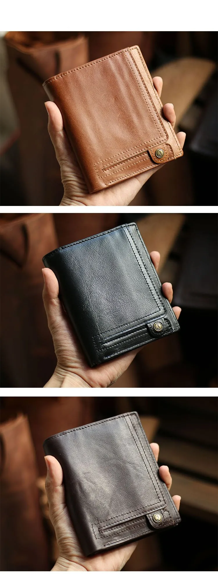 Casual Brown Leather Mens billfold Wallet Trifold SMall Wallet Black Front Pocket Wallet For Men