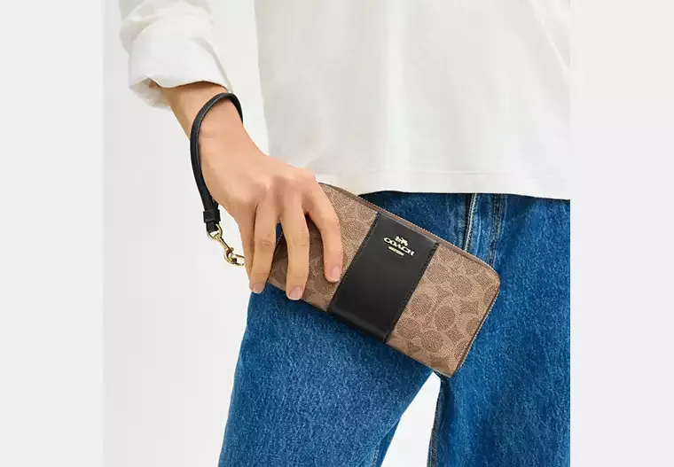 C.O.A.C.H Long Zip Around Wallet In Signature Canvas With Stripe