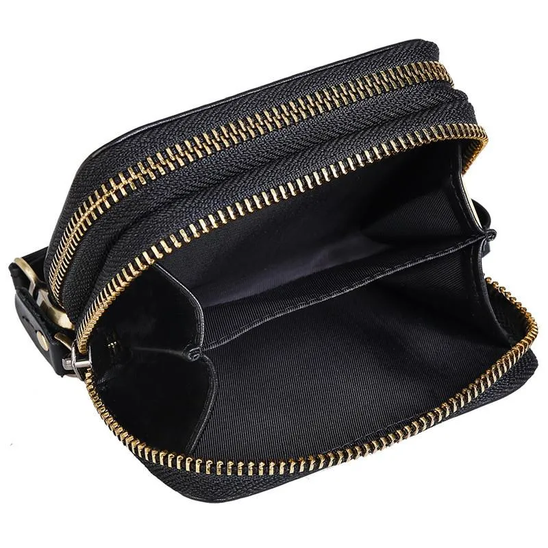 Cool Black Mens Double Zipper Leather Car Key Wallet Key Holder Change Holder For Men