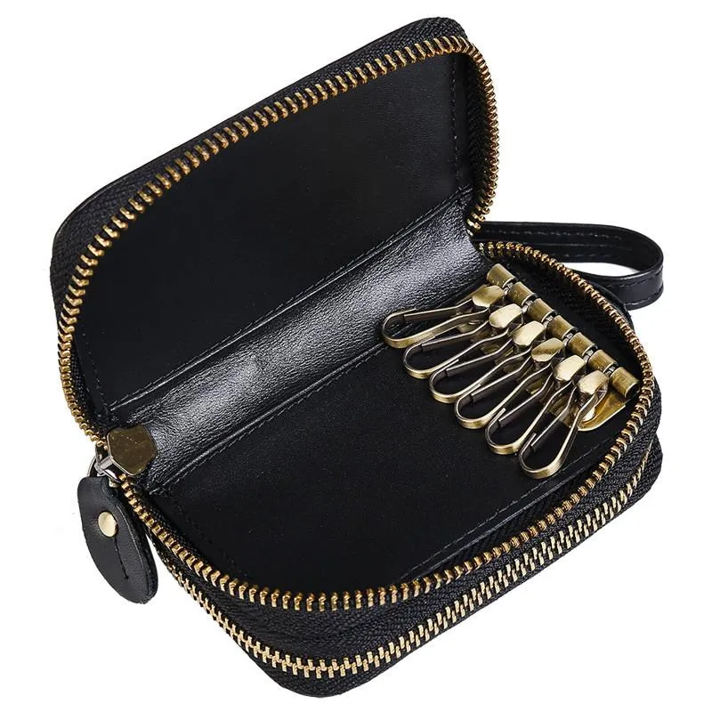 Cool Black Mens Double Zipper Leather Car Key Wallet Key Holder Change Holder For Men