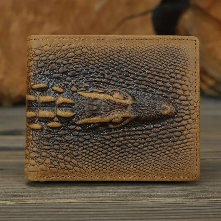 Cool Brown Crocodile Pattern Leather Bifold Small Wallet Leather Mens Brown Billfold Small Wallet Front Pocket Wallet For Men