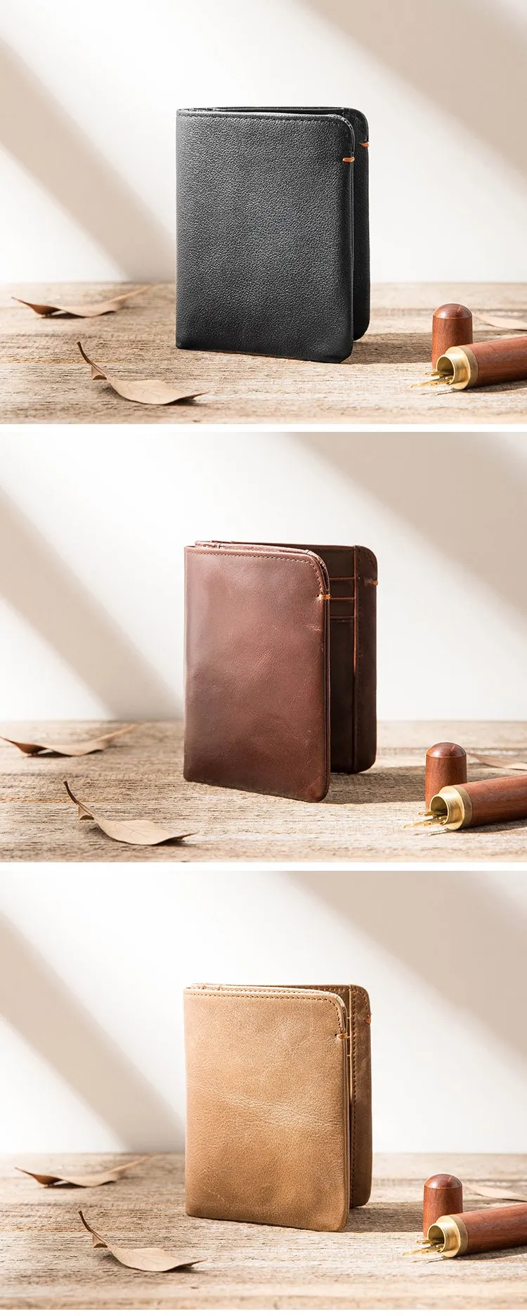 Cool Brown Leather Mens Small Wallets Bifold Black Vintage Slim billfold Wallet for Men