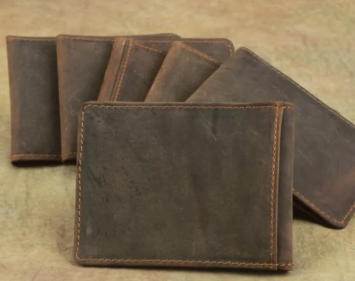 Cool Dark Brown Leather Mens Small Bifold Wallet billfold Wallet License Wallet for Men
