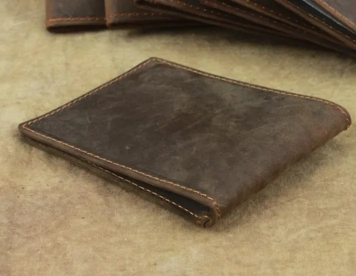 Cool Dark Brown Leather Mens Small Bifold Wallet billfold Wallet License Wallet for Men