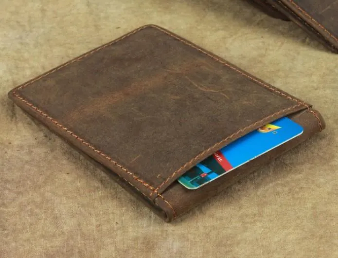 Cool Dark Brown Leather Mens Small Bifold Wallet billfold Wallet License Wallet for Men