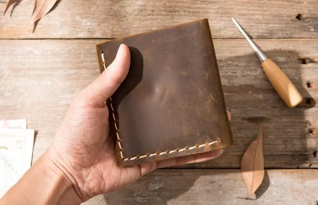 Cool Handmade Leather Mens Small Wallets Bifold Vintage billfold Wallet for Men