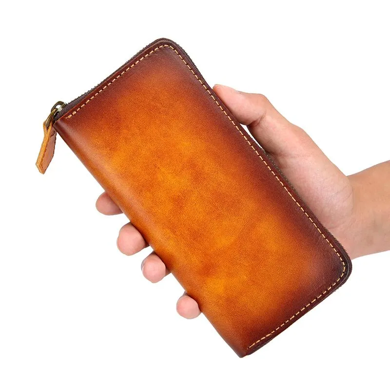 Cool Handmade Mens Brown Long Wallet Blue Bifold Card Wallet Zipper Clutch Wallet For Men
