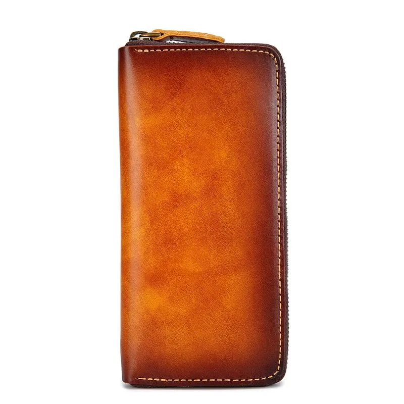 Cool Handmade Mens Brown Long Wallet Blue Bifold Card Wallet Zipper Clutch Wallet For Men