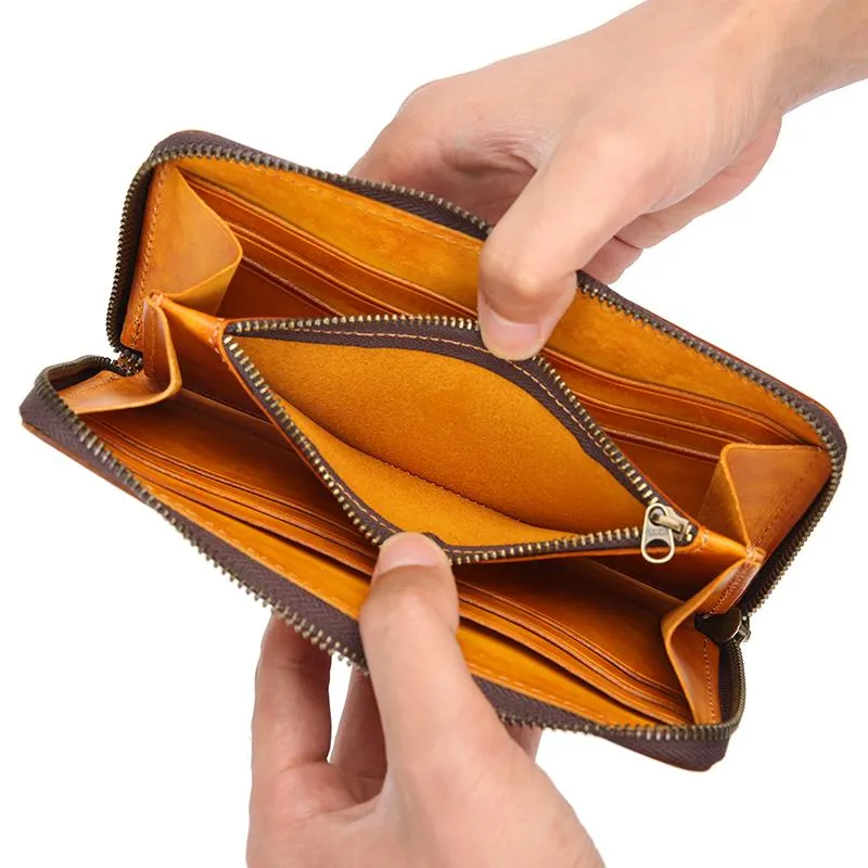 Cool Handmade Mens Brown Long Wallet Blue Bifold Card Wallet Zipper Clutch Wallet For Men