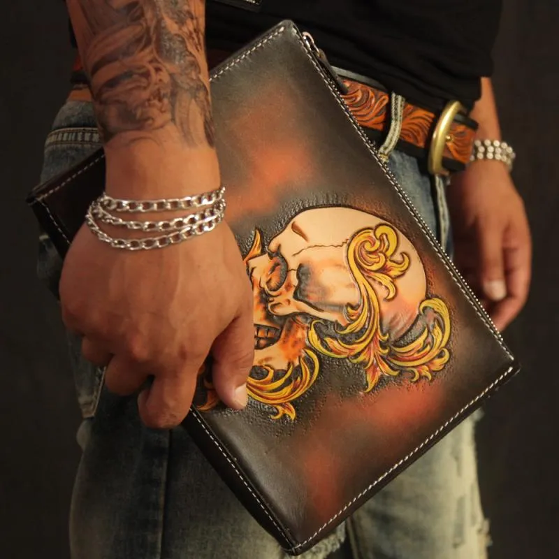 Cool Handmade Tooled Leather Black Skull Clutch Wallet Wristlet Bag Clutch Purse For Men