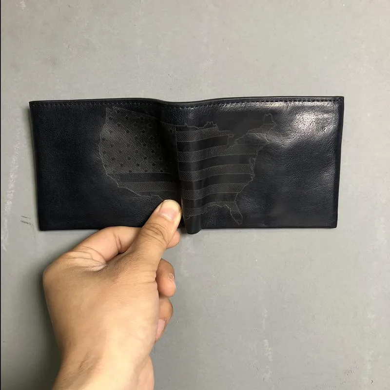 Cool Leather Mens Black Bifold billfold Wallets Small Wallet U.S. Map Wallets Front Pocket Wallet for Men