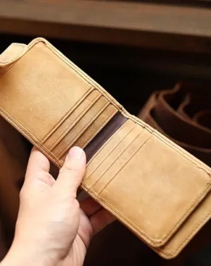 Cool Leather Mens Card billfold Wallet Trifold SMall Bifold License Wallet Camel Card Holders For Men