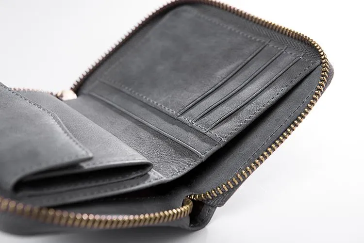 Cool Leather Mens Slim Leather Small Wallet Zipper billfold Wallets Bifold for Men