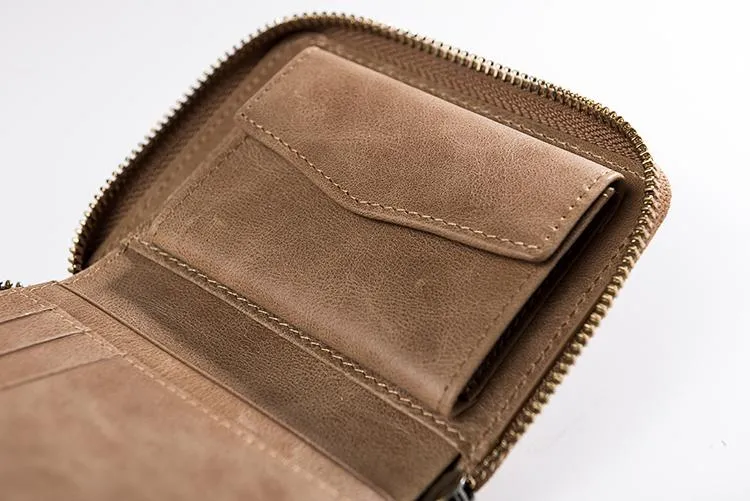Cool Leather Mens Slim Leather Small Wallet Zipper billfold Wallets Bifold for Men