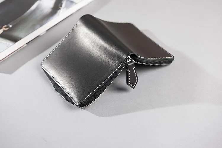Cool Leather Mens Slim Leather Small Wallets Zipper billfold Wallets Bifold for Men