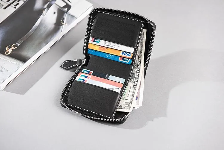 Cool Leather Mens Slim Leather Small Wallets Zipper billfold Wallets Bifold for Men