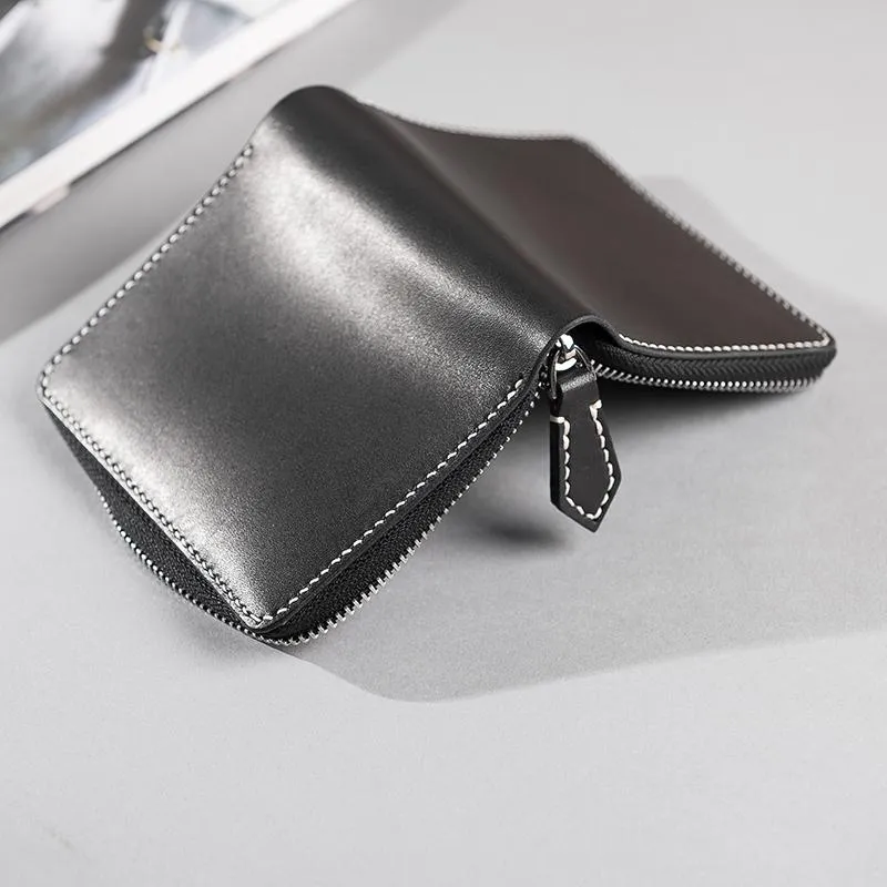 Cool Leather Mens Slim Leather Small Wallets Zipper billfold Wallets Bifold for Men