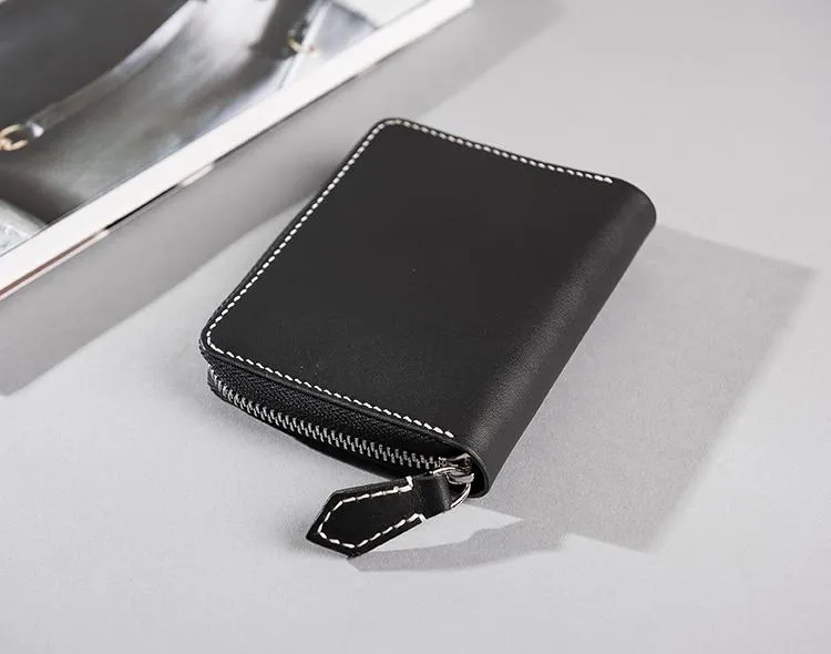 Cool Leather Mens Slim Leather Small Wallets Zipper billfold Wallets Bifold for Men