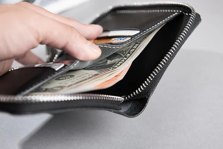 Cool Leather Mens Slim Leather Small Wallets Zipper billfold Wallets Bifold for Men