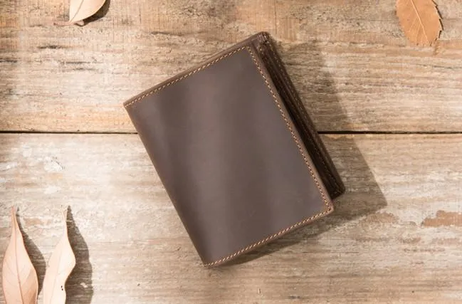 Cool Leather Vintage Mens Slim Small Wallets Zipper billfold Wallets for Men