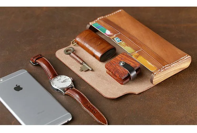 Cool Wooden Brown Leather Mens Long Wallet Brown Long Wallet for Men