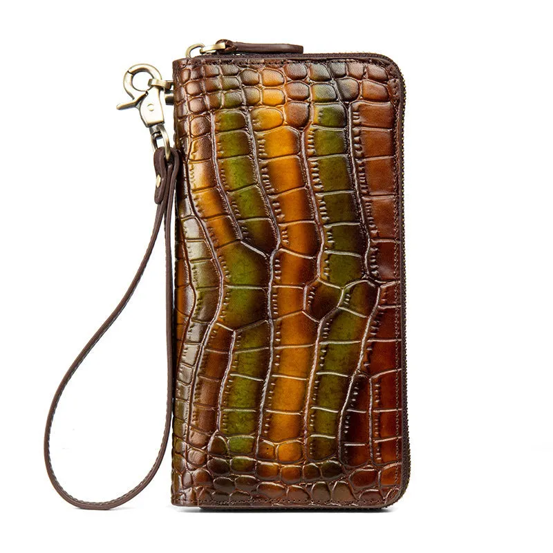 Crocodile Pattern Yellow&Red Leather Wristlet Wallet Womens Zip Around Wallets CONTRAST COLOR Ladies Zipper Clutch Wallets for Women
